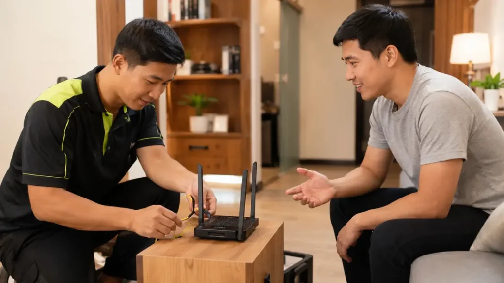 ช่างติดตั้ง AIS Fibre กำลังติดตั้งอินเทอร์เน็ตภายในบ้าน