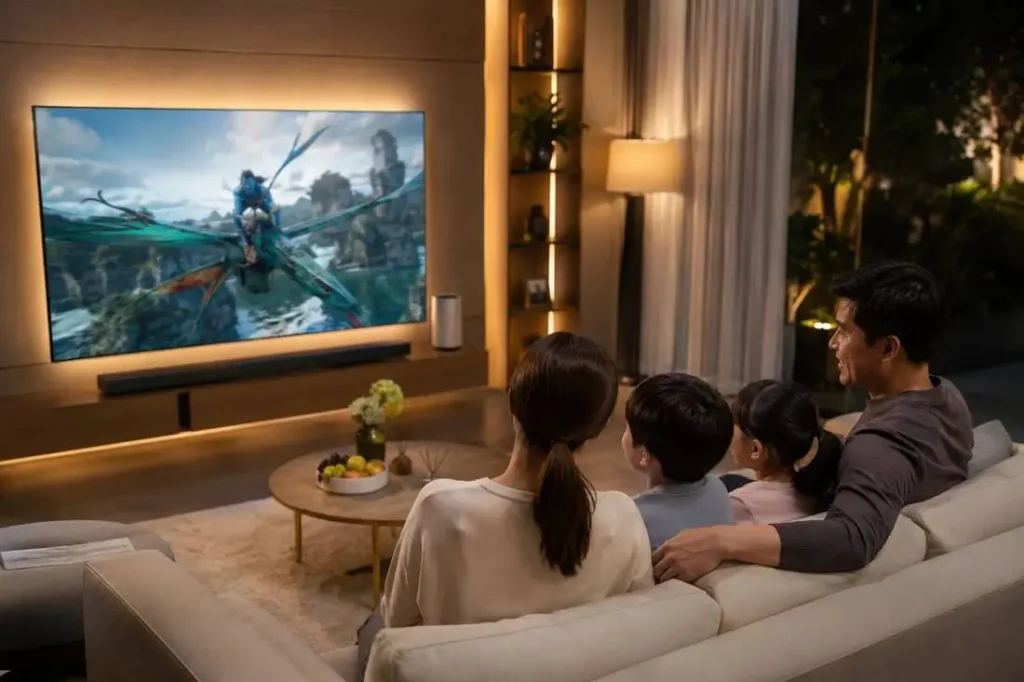 ครอบครัวกำลังดู Netflix 4K ผ่านอินเทอร์เน็ต AIS Fibre ความเร็วสูง
