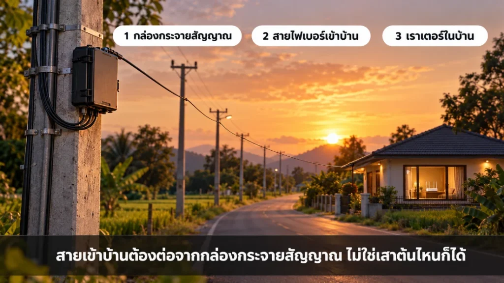 ค่าเดินสาย AIS Fibre ฟรีกี่เมตร บ้านอยู่ไกลเสา ติดได้ไหม สายไฟเบอร์ AIS Fibre ต่อจากกล่องกระจายสัญญาณบนเสา แล้วเดินตามแนวเสาเข้าบ้านที่อยู่ไกล