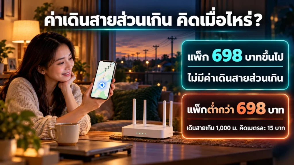 ค่าเดินสาย AIS Fibre ฟรีกี่เมตร บ้านอยู่ไกลเสา ติดได้ไหม เงื่อนไขค่าเดินสาย AIS Fibre ส่วนเกินเมตรละ 15 บาท เมื่อเดินสายเกิน 1,000 เมตรและเลือกแพ็กต่ำกว่า 698 บาท