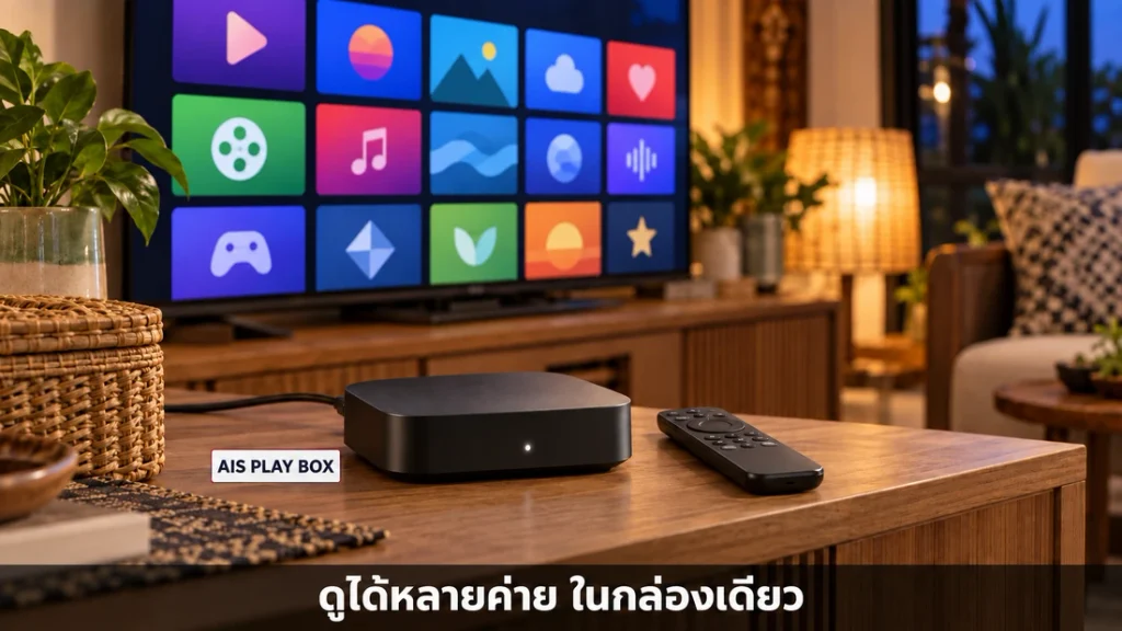 กล่อง AIS PLAYBOX ต่อกับทีวีในห้องนั่งเล่น สำหรับดูสตรีมมิ่งหลายแอป
