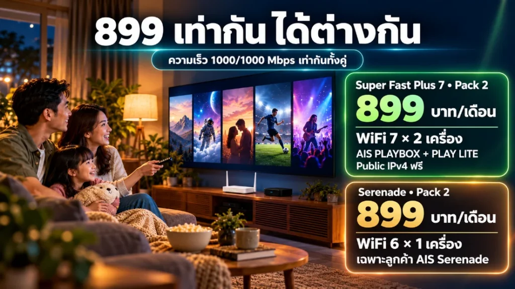 เทียบสเปก Super Fast Plus 7 กับ Serenade (Pack 2) ราคา 899 บาท ความเร็ว 1000/1000 Mbps เท่ากัน ต่างที่เราเตอร์และสิ่งที่ได้ในแพ็ก