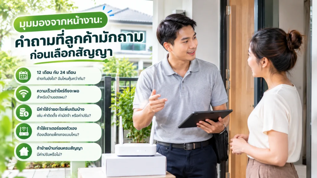 ช่างติดตั้งอินเทอร์เน็ตบ้านกำลังอธิบายเงื่อนไขสัญญา 12 เดือนและ 24 เดือน พร้อมตอบคำถามเกี่ยวกับความเร็วเน็ต ค่าใช้จ่ายเพิ่มเติม และการย้ายบ้านก่อนครบสัญญา