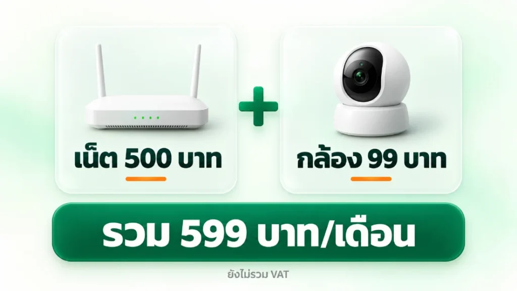 ค่าเน็ตบ้านพร้อมกล้องวงจรปิด แพ็กเน็ต 500 บาท บวกกล้อง Cloud IP Camera 99 บาท รวม 599 บาทต่อเดือน ยังไม่รวม VAT