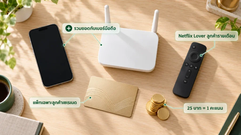 สิทธิ์ที่ลูกค้า AIS รายเดือนได้เมื่อสมัครเน็ตบ้าน แพ็กเฉพาะลูกค้าเซเรเนด Netflix Lover การรวมยอดเป็นเซเรเนด และ AIS Points