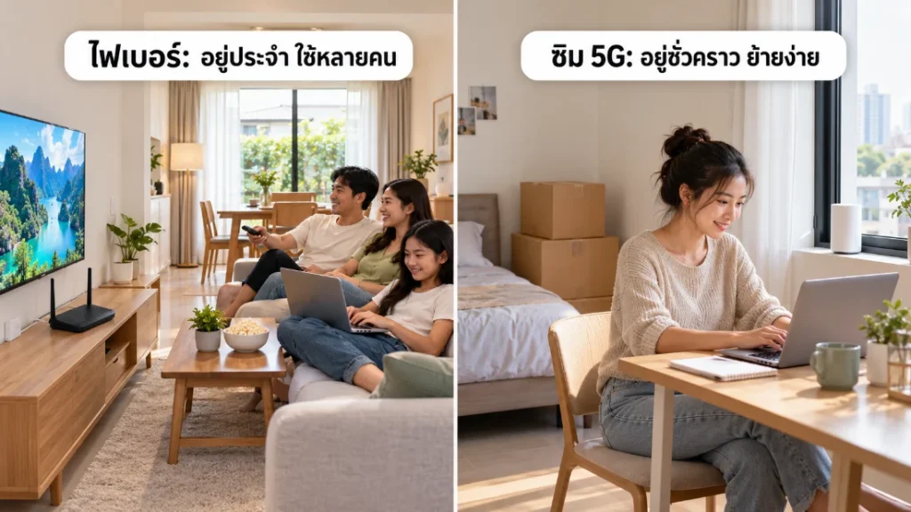 เน็ตบ้านไฟเบอร์ที่เดินสายถึงบ้านสำหรับครอบครัว เทียบกับเราเตอร์ใส่ซิม 5G ที่รับสัญญาณจากเสามือถือ เหมาะกับการอยู่ชั่วคราว