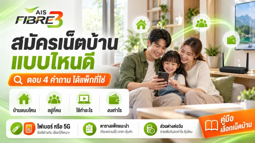 ครอบครัวคนไทยนั่งดูมือถือด้วยกันในห้องนั่งเล่น กำลังตัดสินใจว่าจะสมัครเน็ตบ้านแบบไหนดี