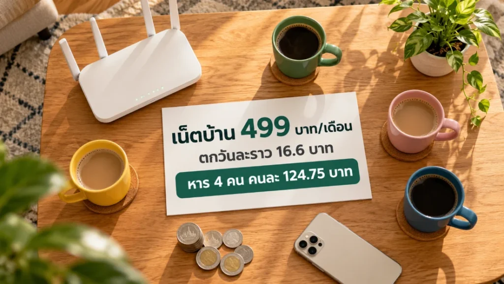 การ์ดคิดค่าเน็ตบ้าน 499 บาทต่อเดือน ตกวันละราว 16.6 บาท หาร 4 คนเหลือคนละ 124.75 บาท วางข้างเราเตอร์ WiFi และแก้วกาแฟ 4 ใบ