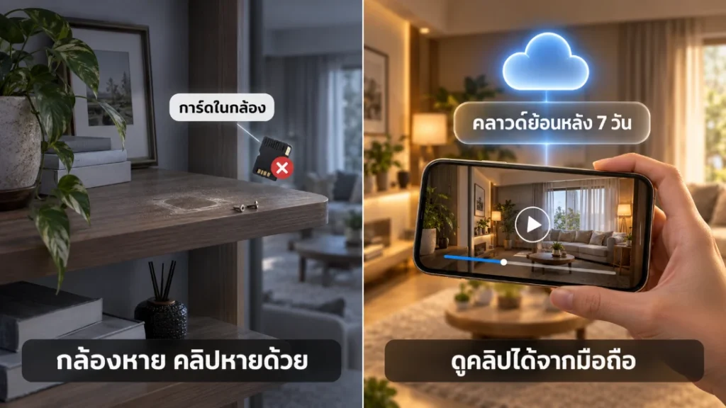 เทียบคลิปในการ์ด microSD ที่หายไปพร้อมตัวกล้อง กับคลาวด์ย้อนหลัง 7 วันของ Cloud IP Camera ที่ยังเปิดดูจากมือถือได้