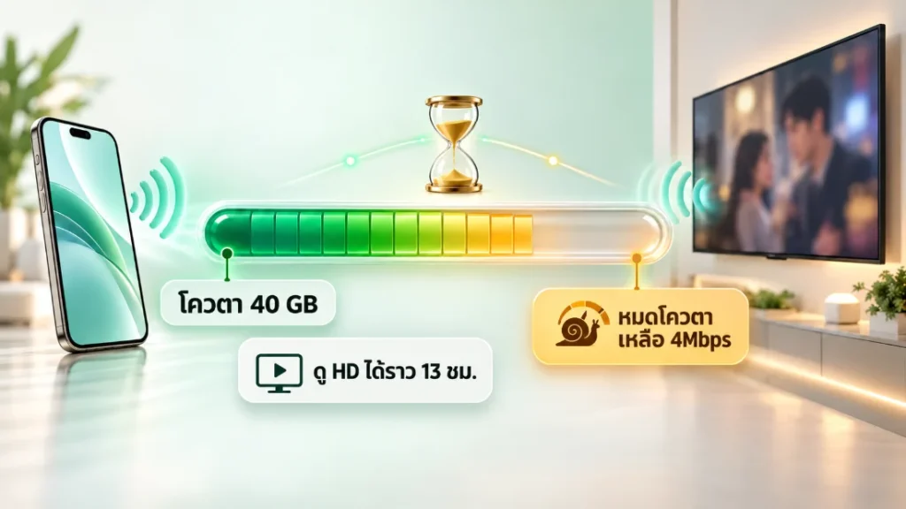 อินโฟกราฟิกแชร์ฮอตสปอตมือถือให้สมาร์ททีวี โควตา 40 GB ดูซีรีส์ HD ได้ราว 13 ชั่วโมง หมดโควตาแล้วความเร็วเหลือไม่เกิน 4Mbps