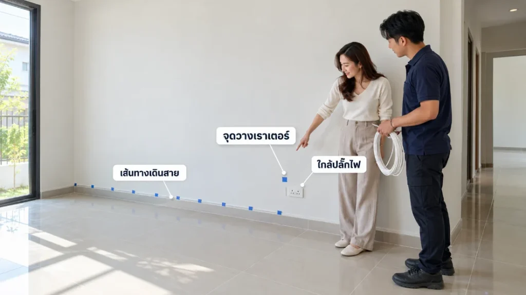 เจ้าของบ้านกับช่างวางแผนจุดวางเราเตอร์และเส้นทางสายในห้องว่างก่อนติดเน็ตบ้านใหม่