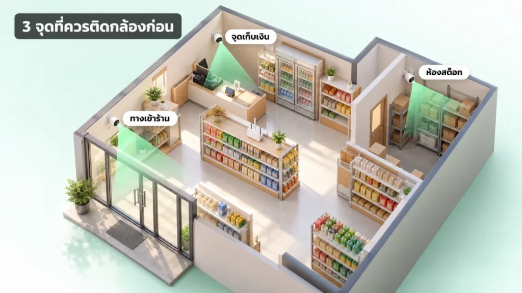 ผังร้านค้าแสดงจุดติดกล้องวงจรปิด 3 จุด ที่จุดเก็บเงิน ทางเข้าร้าน และห้องสต็อก พร้อมมุมมองของกล้องแต่ละตัว
