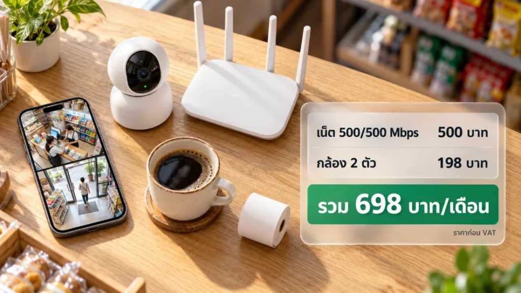 ตัวอย่างงบกล้องวงจรปิดร้านค้า เน็ต 500/500 Mbps 500 บาท กับกล้อง 2 ตัว 198 บาท รวม 698 บาทต่อเดือน ราคาก่อน VAT